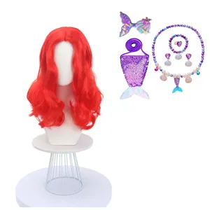 Parrucca cosplay sirena rossa con set accessori conchiglia per festa costume di Halloween.