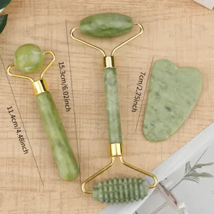 Jade roller and gua sha set facial massager detail view showing tool sizes and dimensions.