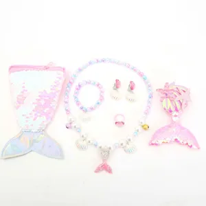 Set di gioielli da sirena per bambini con borsa di paillettes collana bracciale orecchini