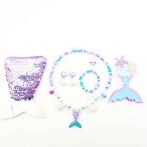 Set gioielli sirena bambini borsa paillettes collana braccialetto orecchini anello