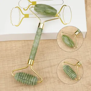 Jade roller facial massager set with smooth and textured heads for skin care and relaxation.
