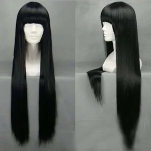 Parrucca Lunga e Liscia da Donna con Frangia Dritta Capelli Sintetici Resistenti al Calore Parrucca Cosplay Nera per Feste in Costume