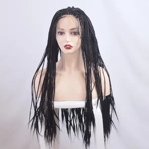 Perruque Synthétique Lace Front Box Braids Longue et Lisse Noire Fibre Haute Température Naturelle pour Fête de Femmes