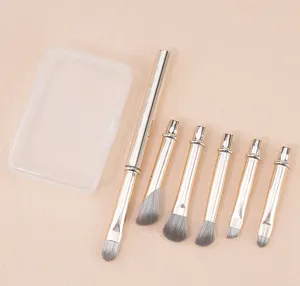 6pcs portable mini travel makeup brush set detail view, detachable brush heads for easy use.