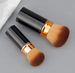 Black and gold retractable makeup brushes set, soft brown bristles for powder and face.