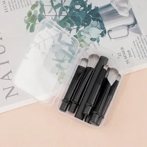 Detailed view of portable mini travel makeup brushes set in clear case for easy carrying and use.