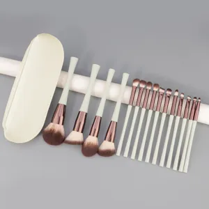 Set de 15 brochas de maquillaje champagne con estuche, cerdas suaves para un acabado perfecto.