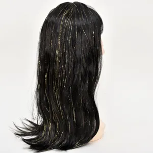 Lange zwarte steil pruik met glänzende gouden draden voor cosplay feest dagelijks.