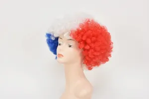 Perruque afro tricolore bleu blanc rouge, idéale pour supporters, fêtes et événements.