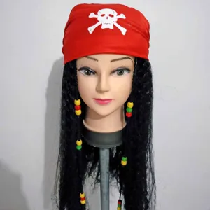 Set parrucca e cappello da capitano pirata costume per festa di halloween nero rosso