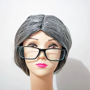 Perruque de grand-mère gris argenté cheveux bouclés courts avec lunettes pour cosplay.