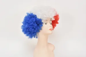 Perruque afro aux couleurs du drapeau français pour supporters, carnaval et fête.