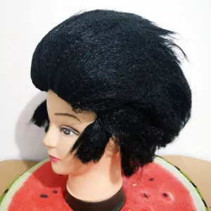 Retro black rock men wig for Halloween cosplay party, classic 50s vintage style costume hair.