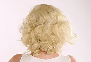 Back detail shot of blonde curly cosplay wig, showing fluffy texture and retro volume style.