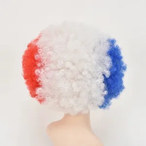 Perruque afro drapeau français pour supporters, coiffure bouclée colorée pour fête et sport.