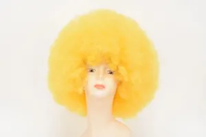 Helle gelbe Afro Perücke für Weihnachtsfeier und Auftritt, Kunsthaar Kappe Detailansicht.
