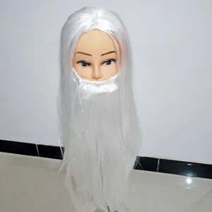 White long straight hair wig and beard set for Christmas party holiday dress up detail view