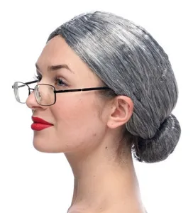 Perruque de vieille dame grise avec lunettes ensemble pour cosplay Halloween et fête costumée.
