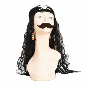 Set Cappello E Parrucca Da Capitano Pirata Di Halloween Accessori Per Costume Cosplay Capelli Ricci Lunghi Con Sciarpa Teschio Forniture Per Feste