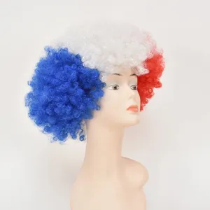 Perruque afro bouclée aux couleurs du drapeau français pour supporters de sport et fêtes.