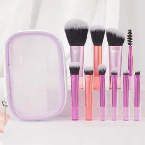 Juego de 10 brochas de maquillaje con bolsa de malla purpura pinceles cosmeticos