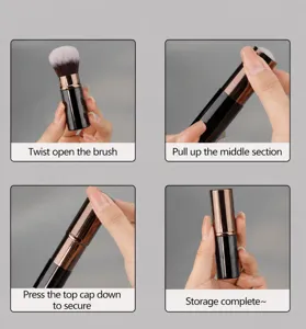 Detailed step-by-step instruction graphic showing how to use and retract the portable makeup brush.