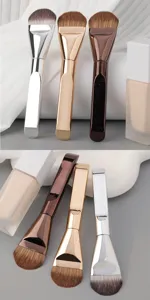 Professional flat foundation brush set with metallic handles for smooth liquid makeup application.