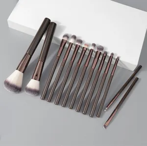 13-piece brown makeup brush set, soft synthetic bristles for face and eye makeup application.
