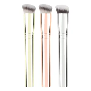 Professional angled foundation concealer makeup brush with soft bristles and metal handle