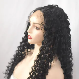 Black long curly lace front synthetic wig, natural looking hair for daily fashion use.
