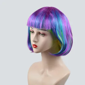 Colorful short bob wig with bangs, vibrant purple blue green synthetic hair for daily party cosplay.