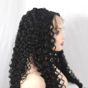 Long black curly synthetic lace front wig for women, natural looking afro curly hair style.