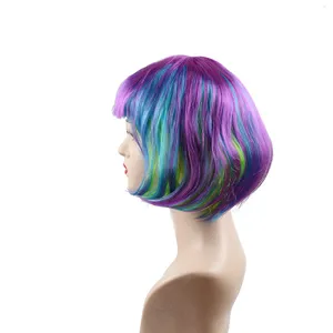 Close-up of colorful short bob wig with purple, blue and green highlights on mannequin.
