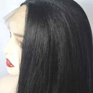 Synthetic lace front long straight black wig detail showing hairline and hair texture close up