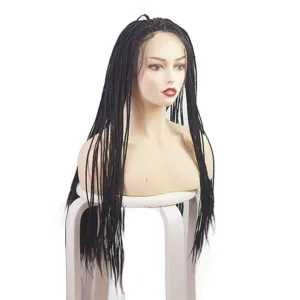 Détail de perruque front lace synthétique tressée noire, vue rapprochée de cheveux longs lisses.
