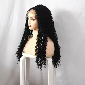 Long black curly lace front synthetic wig, stylish African small curls hair extension detail.