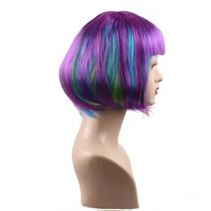 Colorful short bob wig with purple blue and green highlights on mannequin, side view detail shot.