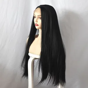 Long straight black synthetic lace front wig detail view showing texture and natural hairline.