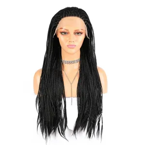 Longue perruque synthétique lace front tressée noire pour femmes, style box braids chic.