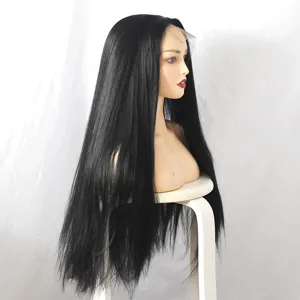 Synthetic lace front long straight black wig for women, natural looking heat resistant hair.