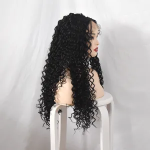Long black curly synthetic lace front wig for women, natural afro style fashion hairpiece.