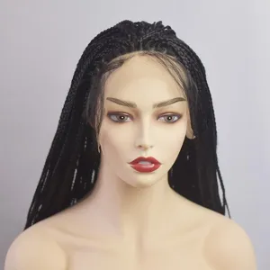 Gros plan détaillé d'une perruque tressée noire lace front avec une ligne de cheveux réaliste.