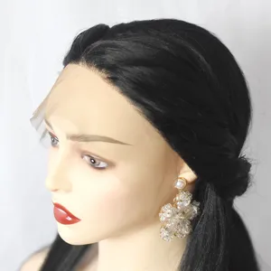 Detail view of the lace front synthetic long straight black wig on a mannequin display.