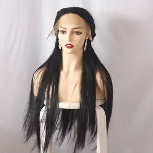 Black long straight synthetic lace front wig detail, natural looking hair piece for women.