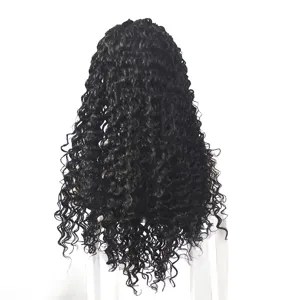 Detailed back view of long black synthetic curly wig with dense African small curls texture.
