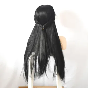 Back view detail of long black synthetic front lace wig with half-up braided hairstyle design.