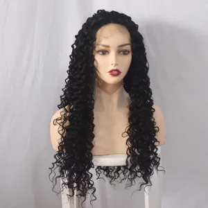 Detailed view of long black kinky curly synthetic lace front wig, natural texture showcase