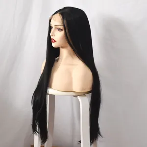 Long straight synthetic lace front wig detail view showing smooth black hair texture.
