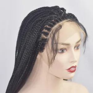 Vue détaillée de la perruque synthétique lace front tressée noire longue, aspect naturel.