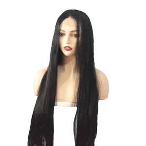 Long black straight synthetic lace front wig detail, showing hair texture and natural styling.